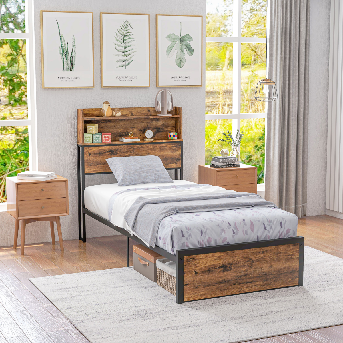 Single Bed Frame with Storage Headboard & Under-Bed Storage