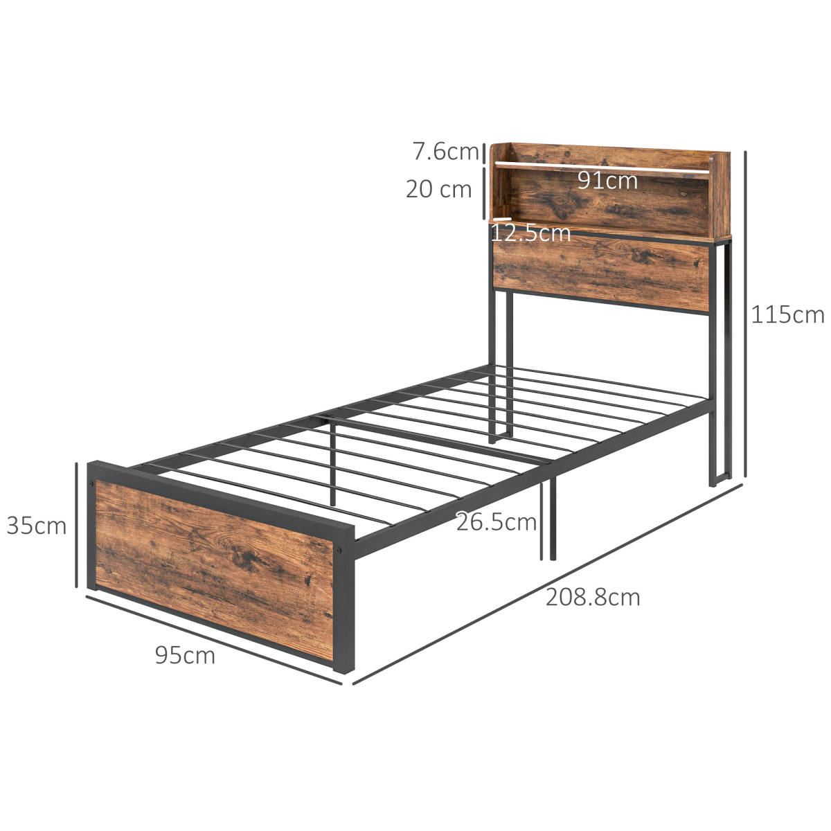 Single Bed Frame with Storage Headboard & Under-Bed Storage