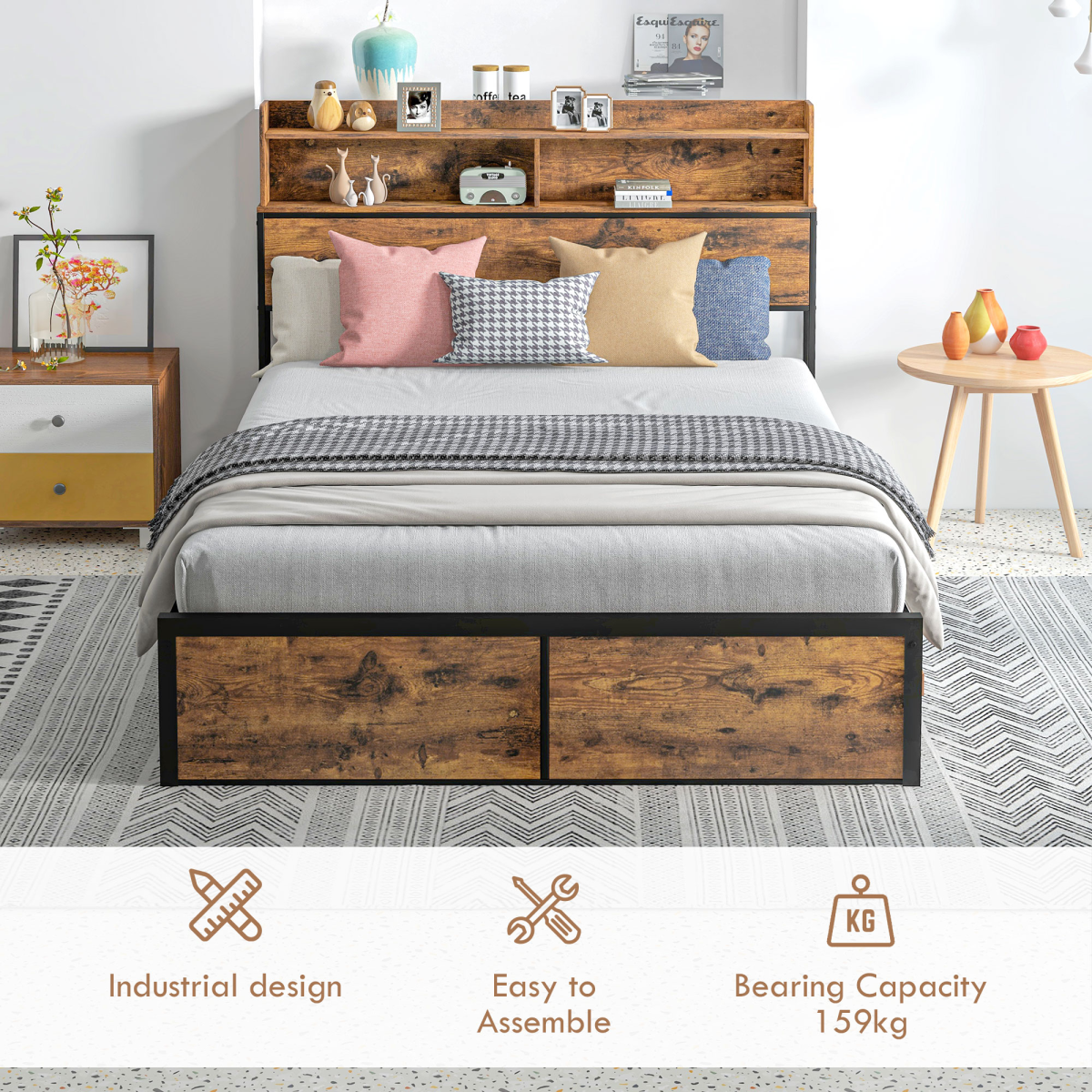 Double Bed Frame with Storage Headboard & Under-Bed Storage