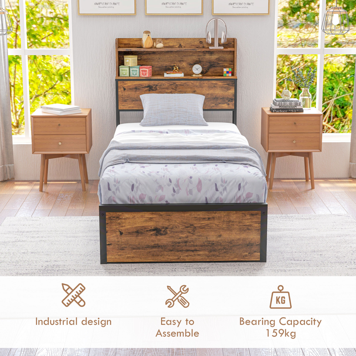 Single Bed Frame with Storage Headboard & Under-Bed Storage