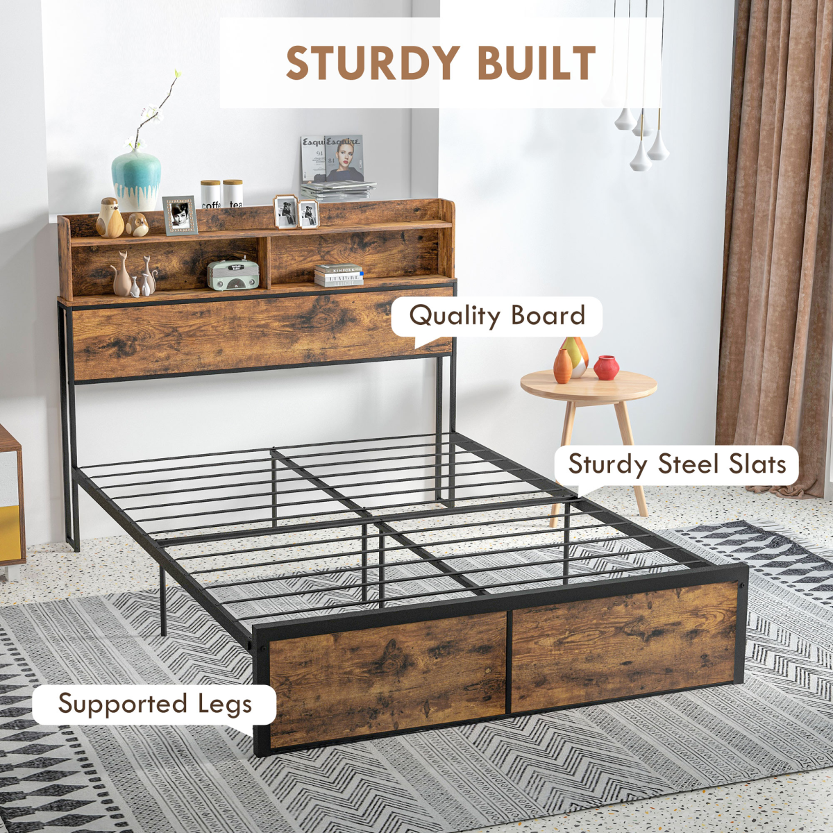 Double Bed Frame with Storage Headboard & Under-Bed Storage