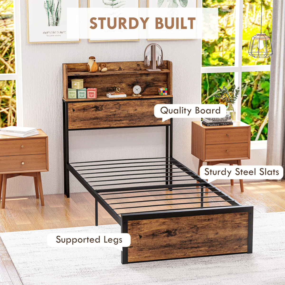 Single Bed Frame with Storage Headboard & Under-Bed Storage