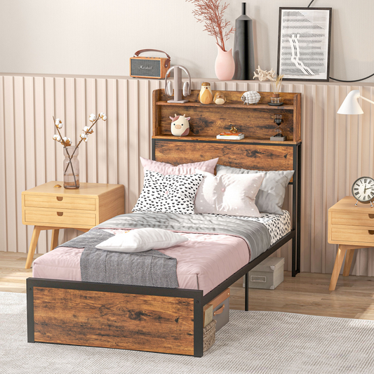 Single Bed Frame with Storage Headboard & Under-Bed Storage