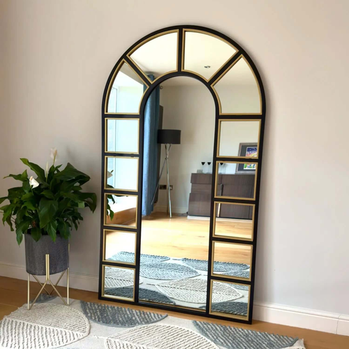 Black & Gold Arched Mirror - 180x105cm, Full-Length Metal Frame