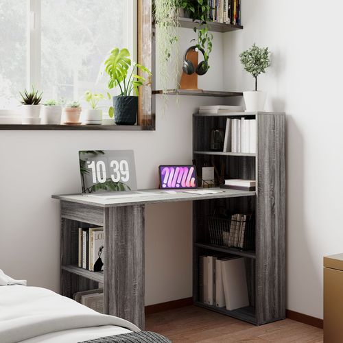 120cm Computer Desk with Bookshelf - 6-Tier Workstation, Grey Wood-Effect