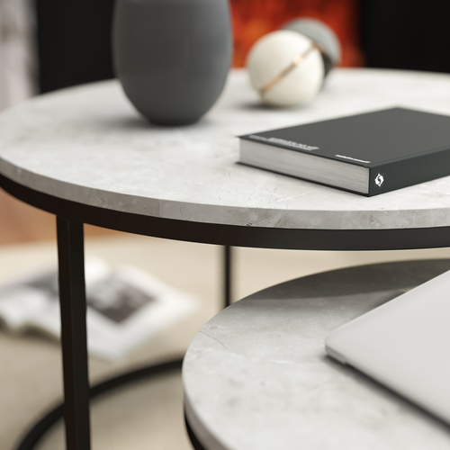 2 Pcs Marble-Effect Stacking Coffee Table Set with Steel Frame for Home