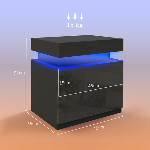 High Gloss LED Bedside Table - 2 Drawers with 16-Color Lighting