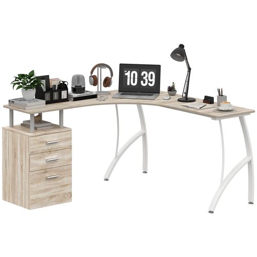 L-Shaped Corner Desk - PC Workstation w/ 3 Drawers, Oak & White
