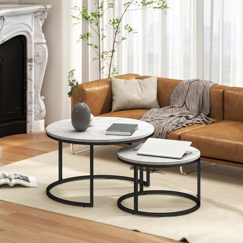 2 Pcs Marble-Effect Stacking Coffee Table Set with Steel Frame for Home