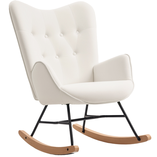 Cream Velvet Rocking Chair - Plush Upholstered with Wooden Legs