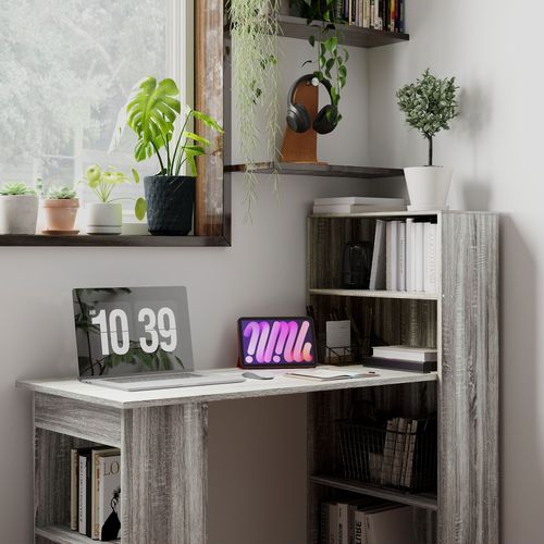 120cm Computer Desk with Bookshelf - 6-Tier Workstation, Grey Wood-Effect