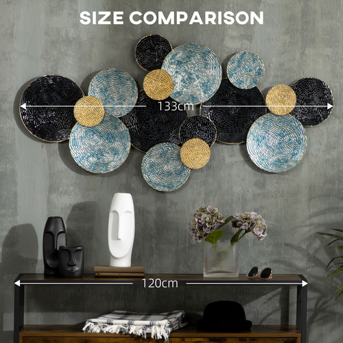 Minimalist Metal Wall Art - Blue Circular Hanging Sculpture, 133x66cm