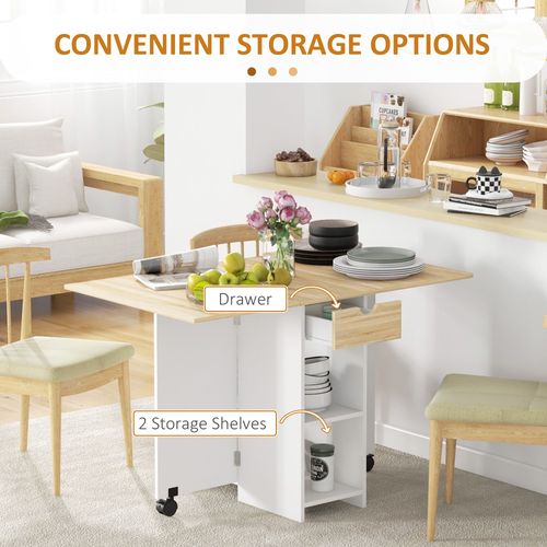Foldable Drop Leaf Table - Kitchen Dining w/ Storage & Wheels, Oak