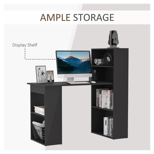 Compact Black Office Desk with 6 Shelves - Space-Saving Workstation
