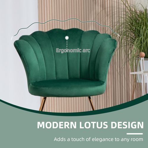 Green Velvet Accent Chair - Gold Legs, 120kg Capacity, Lotus Back