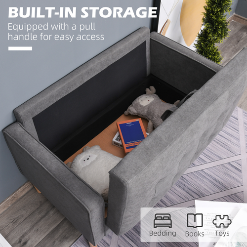 Compact 2-Seater Sofa with Storage - Grey Cotton & Wood Legs