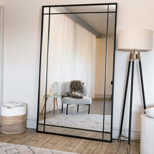 Black Leaner Mirror - 180x105cm, Full-Length Metal Window Design