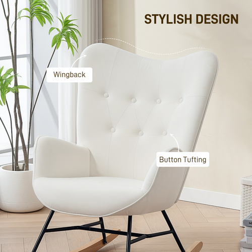 Cream Velvet Rocking Chair - Plush Upholstered with Wooden Legs
