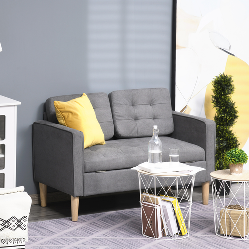 Compact 2-Seater Sofa with Storage - Grey Cotton & Wood Legs