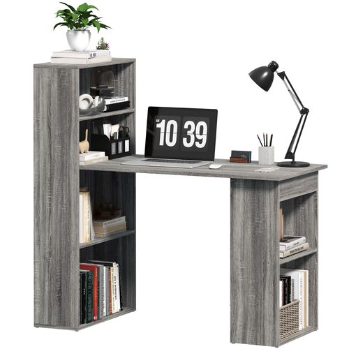 120cm Computer Desk with Bookshelf - 6-Tier Workstation, Grey Wood-Effect