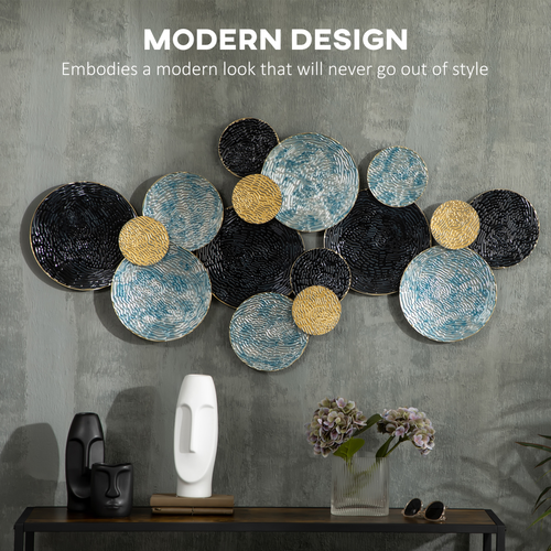 Minimalist Metal Wall Art - Blue Circular Hanging Sculpture, 133x66cm