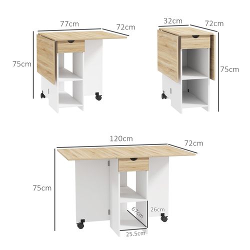 Foldable Drop Leaf Table - Kitchen Dining w/ Storage & Wheels, Oak