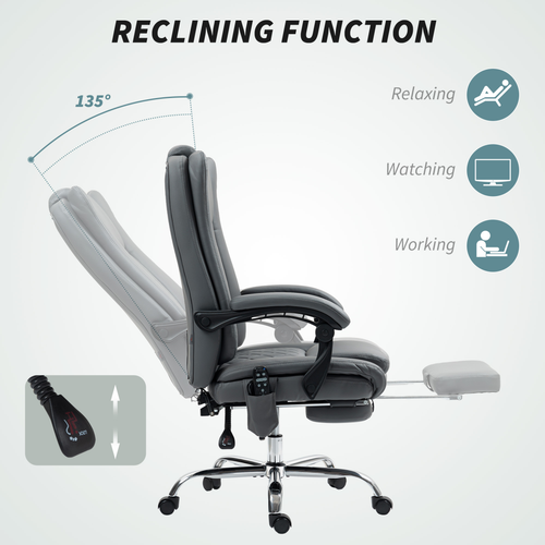 PU Leather Massage Office Chair - Reclining with Heat & Footrest, Grey