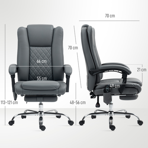 PU Leather Massage Office Chair - Reclining with Heat & Footrest, Grey