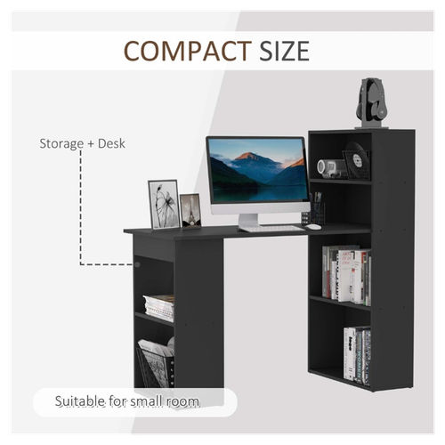 Compact Black Office Desk with 6 Shelves - Space-Saving Workstation
