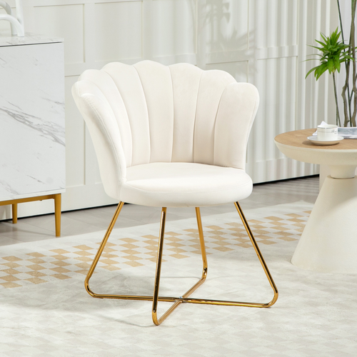 Velvet Accent Chair - Lotus Backrest with Gold Steel Legs, Cream