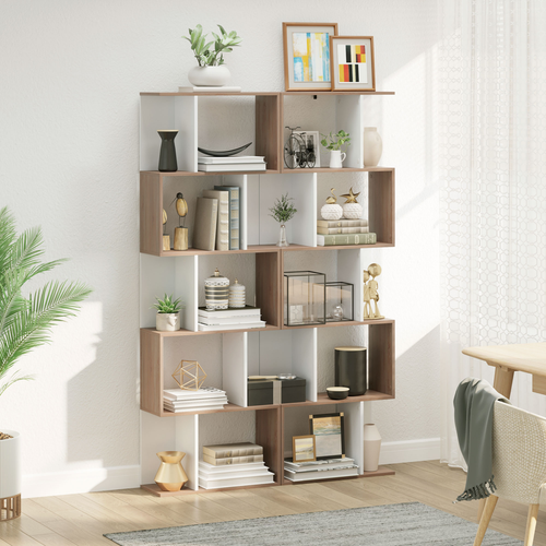 5-Tier S-Shape Bookcase - Natural Wood Display Shelf, 184.5cm Tall