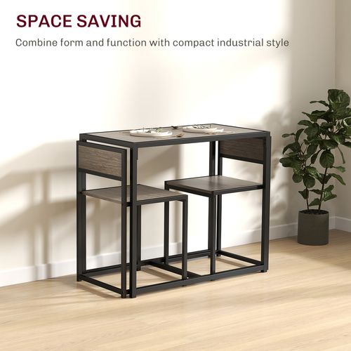 3-Piece Dining Set - Grey Wood Table & 2 Stools, Space-Saving
