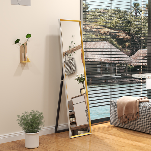 Full-Length Mirror - 157x37cm, White/Gold MDF Frame, 3-Way Mounting