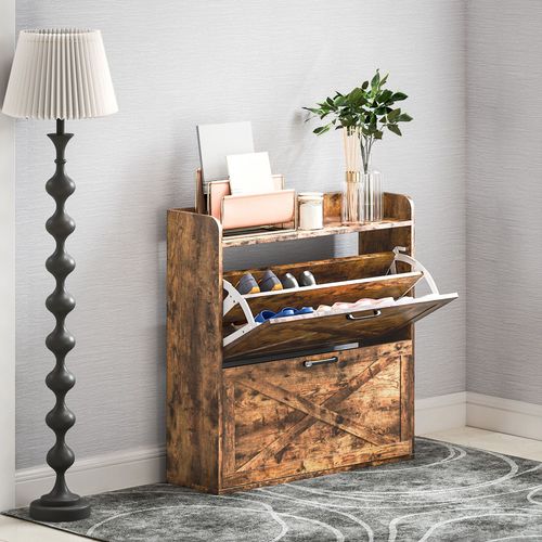 16-Pair Shoe Cabinet - Farmhouse Slim Storage, Rustic Brown