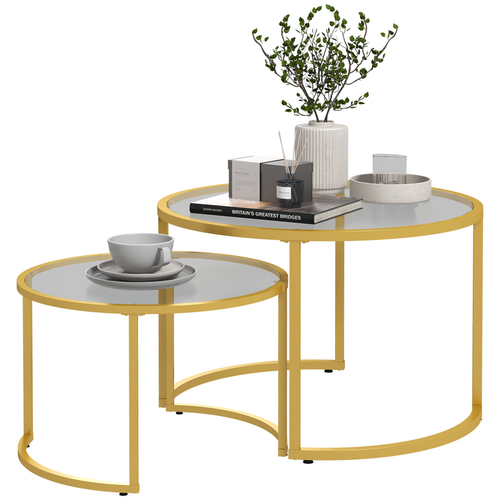 Modern Nesting Coffee Tables - Gold Steel Frame & Glass Top, Set of 2