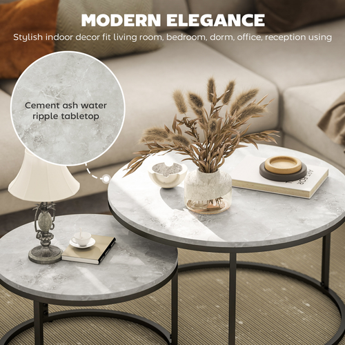 2 Pcs Marble-Effect Stacking Coffee Table Set with Steel Frame for Home