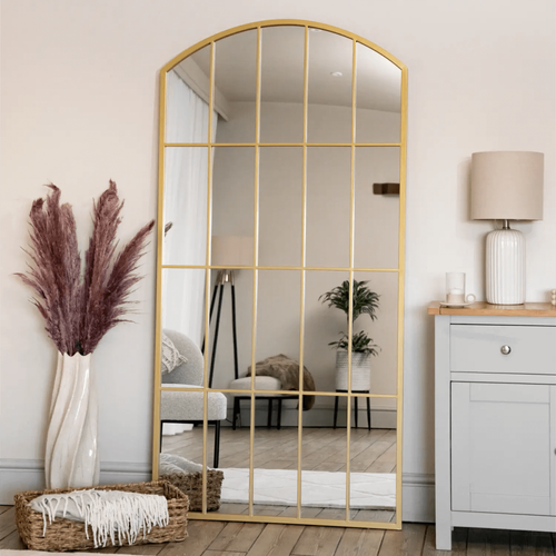 Gold Arched Window Mirror - 180x90cm, Full-Length Metal Frame