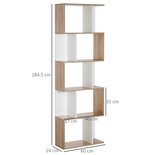 5-Tier S-Shape Bookcase - Natural Wood Display Shelf, 184.5cm Tall