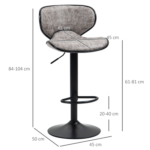 Vintage Bar Stool Set of 2 - Adjustable Height 84-104cm, Microfiber