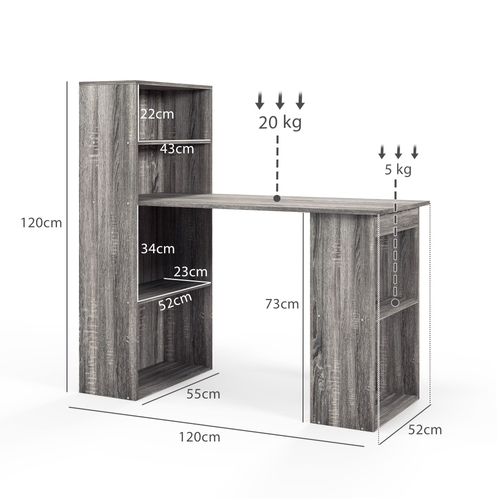 120cm Computer Desk with Bookshelf - 6-Tier Workstation, Grey Wood-Effect