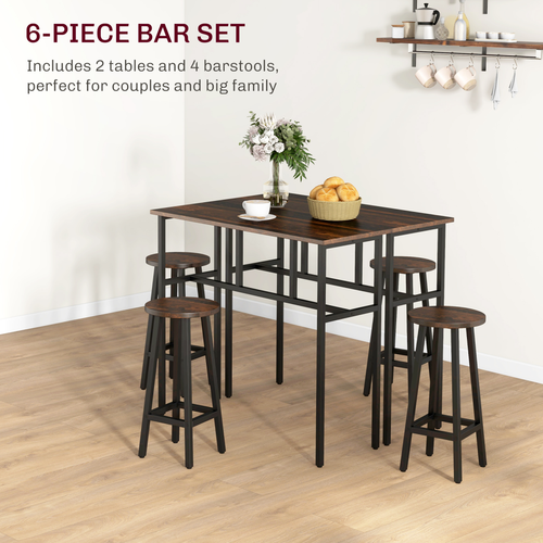 6-Piece Industrial Bar Set - 2 Tables & 4 Stools, Rustic Brown