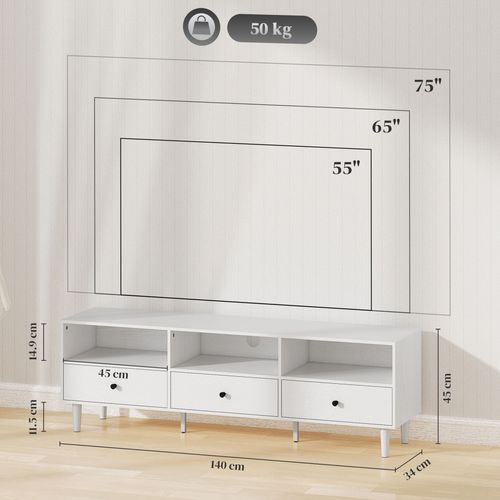 75" TV Stand - White Media Console w/ 3 Drawers & Shelves