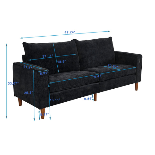 Modern Black Corduroy Sofa with USB Charging - Multi-Person Couch for Home/Office