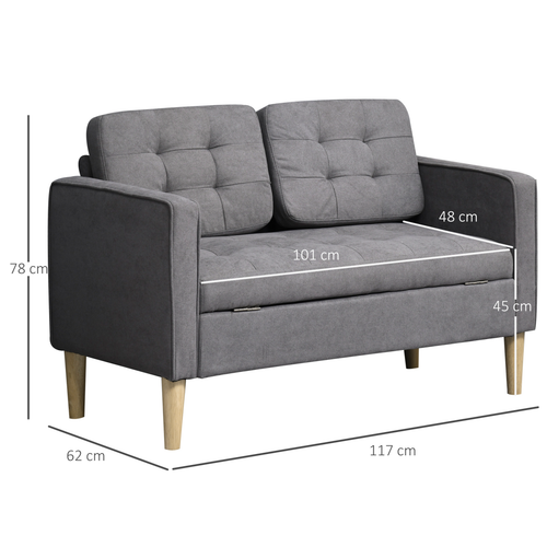 Compact 2-Seater Sofa with Storage - Grey Cotton & Wood Legs