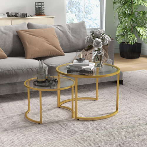 Modern Nesting Coffee Tables - Gold Steel Frame & Glass Top, Set of 2