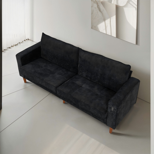 Modern Black Corduroy Sofa with USB Charging - Multi-Person Couch for Home/Office
