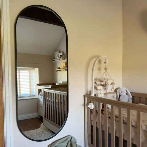 Black Oval Mirror - 150x60cm, Full-Length Metal Runway Design