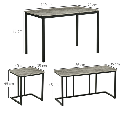 4-Person Dining Set - Concrete Grey Table & Bench w/ 2 Stools
