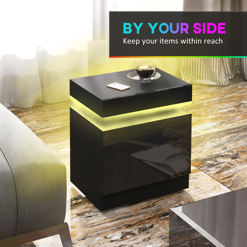 High Gloss LED Bedside Table - 2 Drawers with 16-Color Lighting