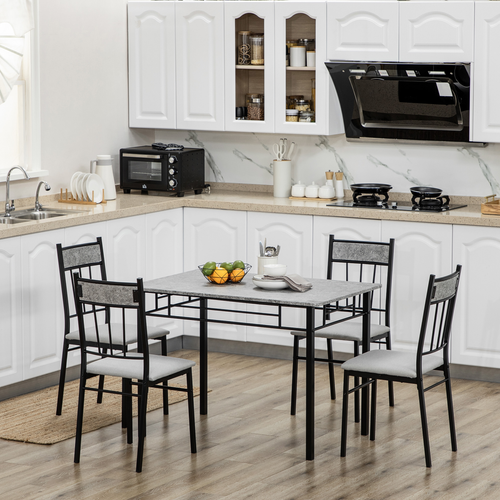 5-Piece Dining Set - Marble Top Table & 4 Chairs, Light Grey/Black
